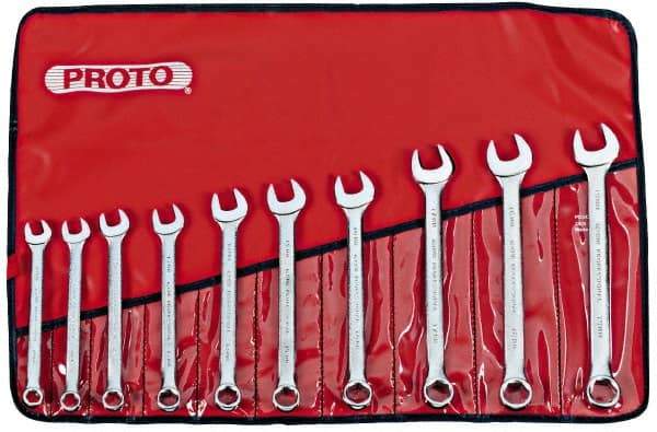 Proto - 10 Piece, 11mm to 19mm, 6 Point Combination Wrench Set - Metric Measurement Standard, Satin Chrome Finish, Comes in Nylon Roll - Caliber Tooling