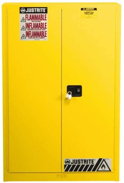 Justrite - 2 Door, 5 Shelf, Yellow Steel Standard Safety Cabinet for Flammable and Combustible Liquids - 65" High x 43" Wide x 18" Deep, Manual Closing Door, 3 Point Key Lock, 60 Gal Capacity - Caliber Tooling