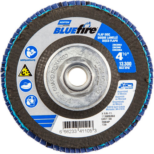 ‎4-1/2 × 5/8 - 11″ BlueFire Fiberglass Conical Flap Disc Type 29 P60 Grit R884V1 Zirconia Alumina - Caliber Tooling