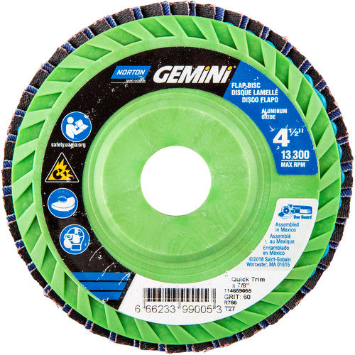 ‎4-1/2 × 7/8″ Gemini Plastic Flat Flap Disc Type 27 P60 Grit R766 Zirconia Alumina - Caliber Tooling