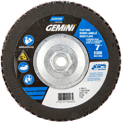 ‎7 × 5/8 - 11″ Gemini Fiberglass Conical Flap Disc Type 29 P40 Grit R766 Zirconia Alumina - Caliber Tooling