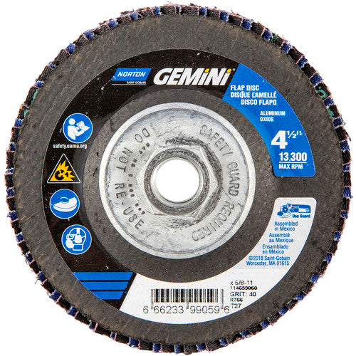 ‎4-1/2 × 5/8 - 11″ Gemini Fiberglass HD Flat Flap Disc Type 27 P40 Grit R766 Zirconia Alumina - Caliber Tooling