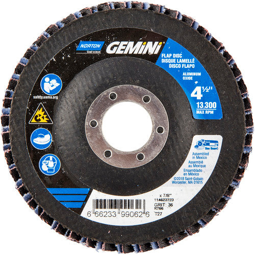 ‎4-1/2 × 7/8″ Gemini Fiberglass HD Flat Flap Disc Type 27 P36 Grit R766 Zirconia Alumina - Caliber Tooling