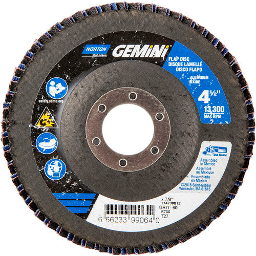 ‎4-1/2 × 7/8″ Gemini Fiberglass HD Flat Flap Disc Type 27 P60 Grit R766 Zirconia Alumina - Caliber Tooling