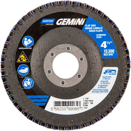 ‎4-1/2 × 7/8″ Gemini Fiberglass HD Flat Flap Disc Type 27 P80 Grit R766 Zirconia Alumina - Caliber Tooling