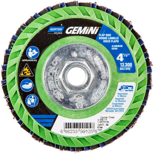 ‎4-1/2 × 5/8 - 11″ Gemini Plastic Flat Flap Disc Type 27 P36 Grit R766 Zirconia Alumina - Caliber Tooling