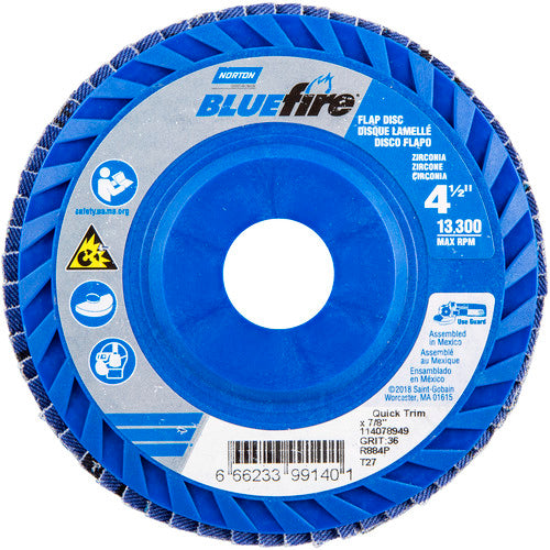 ‎4-1/2 × 7/8″ BlueFire Plastic Flat Flap Disc Type 27 P36 Grit R884P Zirconia Alumina - Caliber Tooling