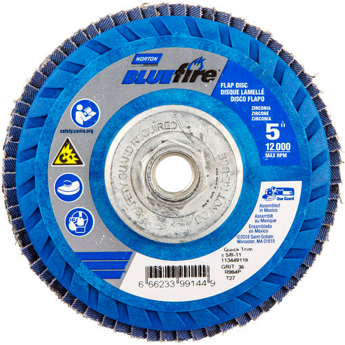 ‎5 × 5/8 - 11″ BlueFire Plastic Flat Flap Disc Type 27 P36 Grit R884P Zirconia Alumina - Caliber Tooling