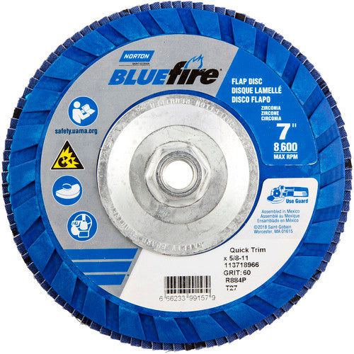 ‎7 × 5/8 - 11″ BlueFire Plastic Flat Flap Disc Type 27 P60 Grit R884P Zirconia Alumina - Caliber Tooling