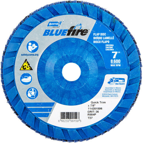 7 × 7/8″ BlueFire Plastic Flat Flap Disc Type 27 P36 Grit R884P Zirconia Alumina - Caliber Tooling