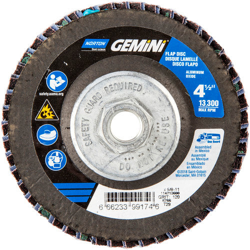 ‎4-1/2 × 5/8 - 11″ Gemini Fiberglass Conical Flap Disc Type 29 P120 Grit R766 Zirconia Alumina - Caliber Tooling