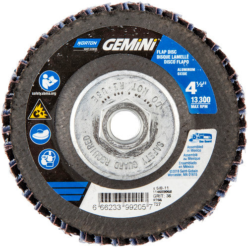 ‎4-1/2 × 5/8 - 11″ Gemini Fiberglass HD Flat Flap Disc Type 27 P36 Grit R766 Zirconia Alumina - Caliber Tooling