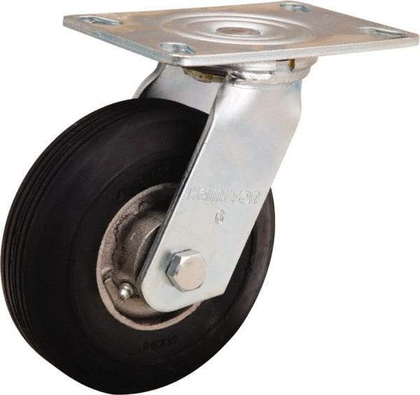 Hamilton - 6" Diam x 2" Wide, Rubber Swivel Caster - 300 Lb Capacity, Top Plate Mount, 4-1/2" x 6-1/4" Plate, Straight Roller Bearing - Caliber Tooling