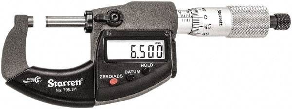 Starrett - Standard Throat IP67 Electronic Outside Micrometer - Ratchet Stop Thimble, Carbide Face, CR2032 Battery - Caliber Tooling