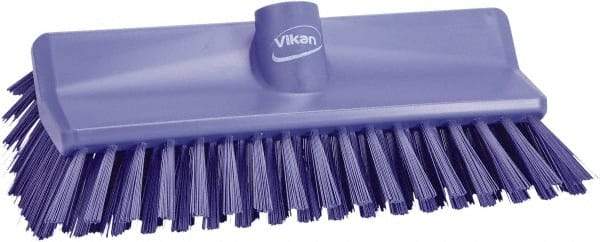 Vikan - 1-1/2" Bristle Length, Polyester Scrub Brush - 10" Long x 5-1/2" Wide Head, 10-25/64" OAL, European Threaded Handle, Purple, Polypropylene Block - Caliber Tooling