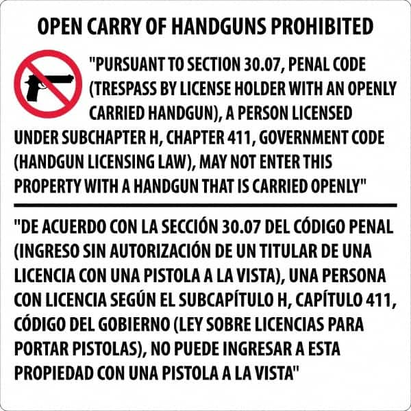 NMC - "Open Carry of Handguns Prohibited", 30" Long x 30" Wide, Aluminum Safety Sign - Square, 0.118" Thick, Use for Accident Prevention - Caliber Tooling