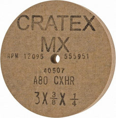 Cratex - 3" Diam x 1/4" Hole x 3/8" Thick, 80 Grit Surface Grinding Wheel - Aluminum Oxide, Type 1, Medium Grade, 12,095 Max RPM, No Recess - Caliber Tooling