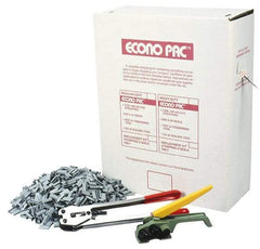 Value Collection - 9,000 Inch Long x 1/2 Inch Wide x 0.015 Inch Thick, Heavy Duty Polyproylene Strapping Kit - 400 Lbs Tensile Strength, Contains Self Dispensing Box, White Polypropylene Strapping, 1000 Seals, Tensioner Tool and Crimper Tool - Caliber Tooling