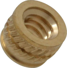 E-Z LOK - #6-32, 0.199" Small to 0.206" Large End Hole Diam, Brass Single Vane Tapered Hole Threaded Insert - 0.22" Insert, 0.203" Pilot Diam, 0.15" OAL, 0.116" Min Wall Thickness - Caliber Tooling