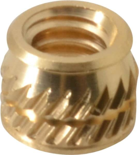 E-Z LOK - #8-32, 0.226" Small to 0.234" Large End Hole Diam, Brass Single Vane Tapered Hole Threaded Insert - 1/4" Insert, 0.23" Pilot Diam, 0.185" OAL, 0.133" Min Wall Thickness - Caliber Tooling