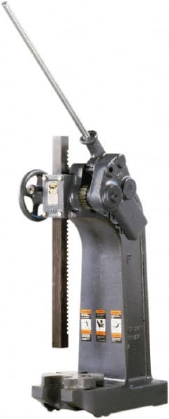 Dake - 1-1/2" Ram, 7-3/4" Throat Depth, 6 Ton Manual Arbor Press - 20-1/4" Max Work Height x 15-1/2" Max Work Width, Compound Leverage, 66:1 Leverage Ratio, 8-1/4" Base Width x 20" Base Depth - Caliber Tooling