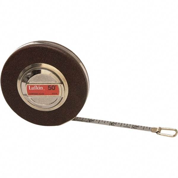 Lufkin - 50' x 3/8" White Steel Blade Tape Measure - 1/8" Graduation, Brown Steel Case - Caliber Tooling