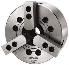 Kitagawa - 3 Jaws, 12" Chuck Diam, Plain Back Mount, 3.5827" Through Hole, Drawbar, Hydraulic Power Lathe Chuck - 31,718 Lb Force per Jaw, 1.5mm x 60 Serrated Jaw Interface, 34mm to 304mm Jaw Capacity, 3,300 RPM, High Speed Steel Body - Caliber Tooling