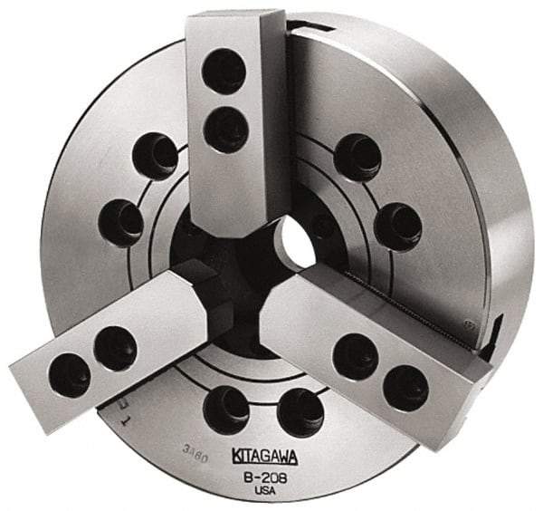 Kitagawa - 3 Jaws, 8" Chuck Diam, Plain Back Mount, 2.0472" Through Hole, Drawbar, Hydraulic Power Lathe Chuck - 19,292 Lb Force per Jaw, 1.5mm x 60 Serrated Jaw Interface, 13mm to 210mm Jaw Capacity, 5,000 RPM, High Speed Steel Body - Caliber Tooling