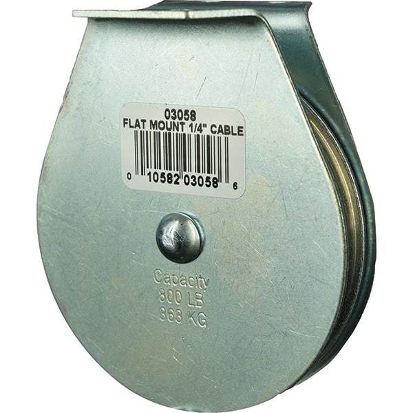 Block Division - 800 Lbs. Load Limit, Flat Standard Block - Upright Mount, Single Sheave, 3 Inch Outside Diameter, Wire Rope, 1/4 Inch Diameter, Eye, 7/8 Inch Inside Diameter, Carbon Steel, Zinc Plated Finish - Caliber Tooling