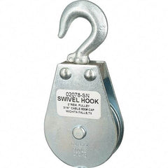 Block Division - 600 Lbs. Load Limit, Swivel Hook Block - Single Sheave, 2-1/8 Inch Outside Diameter, Wire Rope, 3/16 Inch Diameter, Eye, 3/8 Inch Inside Diameter, Carbon Steel, Zinc Plated Finish - Caliber Tooling