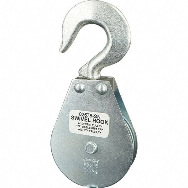 Block Division - 685 Lbs. Load Limit, Swivel Hook Block - Single Sheave, 2-5/8 Inch Outside Diameter, Wire Rope, 1/4 Inch Diameter, Eye, 3/8 Inch Inside Diameter, Carbon Steel, Zinc Plated Finish - Caliber Tooling