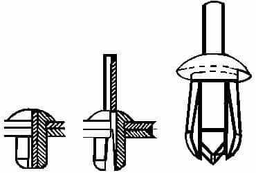 Made in USA - Round Head Nylon Push Mount Blind Rivet - Nylon Mandrel, 0.093" to 0.35" Grip, 0.38" Head Diam, 0.187" Max Hole Diam, 0.45" Length Under Head, 1/8" Body Diam - Caliber Tooling