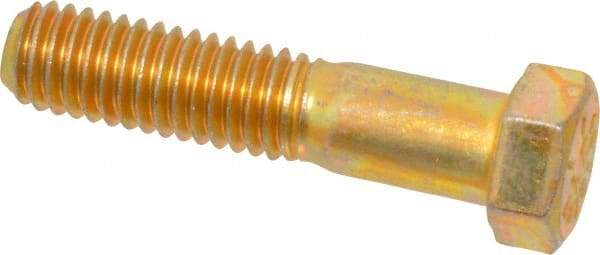 Made in USA - 7/16-14 UNC, 2" Length Under Head Hex Head Cap Screw - Partially Threaded, Grade 8 Alloy Steel, Zinc Yellow Dichromate Finish, 5/8" Hex - Caliber Tooling