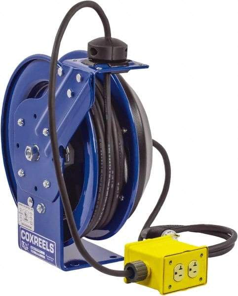 CoxReels - 12 AWG, 75' Cable Length, Cord & Cable Reel with Quad Outlet End - 4 Outlets, NEMA 5-20R, 20 Amps, 115 Volts, SJO Cable, Blue Reel, Spring Driven Reel - Caliber Tooling