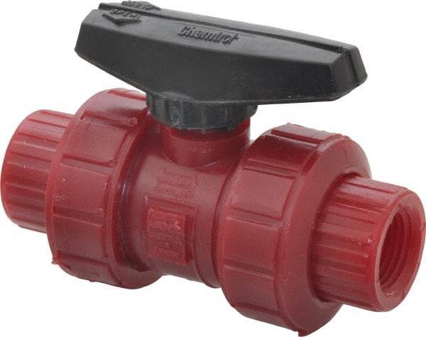 NIBCO - 1/2" Pipe, Full Port, PVDF True Union Design Ball Valve - 1 Piece, Inline - One Way Flow, FNPT x FNPT Ends, Wedge Handle, 150 WOG - Caliber Tooling