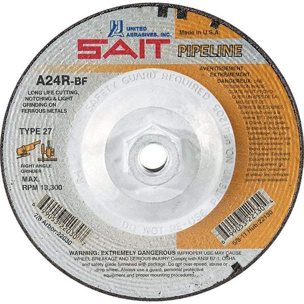 Sait - 24 Grit, 7" Wheel Diam, 1/8" Wheel Thickness, Type 27 Depressed Center Wheel - Aluminum Oxide, Resinoid Bond, R Hardness, 8,500 Max RPM, Compatible with Angle Grinder - Caliber Tooling