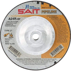 Sait - 24 Grit, 7" Wheel Diam, 1/8" Wheel Thickness, Type 27 Depressed Center Wheel - Aluminum Oxide, Resinoid Bond, R Hardness, 8,500 Max RPM, Compatible with Angle Grinder - Caliber Tooling