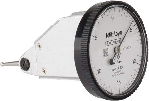 Mitutoyo - 0.03 Inch Range, 0.0005 Inch Dial Graduation, Vertical Dial Test Indicator - 1.5748 Inch White Dial, 0-15-0 Dial Reading, Accurate to 0.0005 Inch - Caliber Tooling