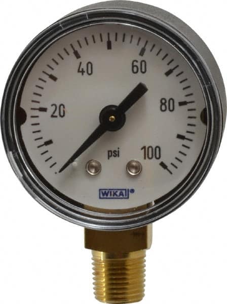 Wika - 1-1/2" Dial, 1/8 Thread, 0-100 Scale Range, Pressure Gauge - Lower Connection Mount, Accurate to 3-2-3% of Scale - Caliber Tooling