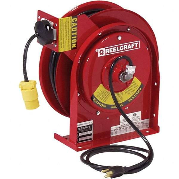 Reelcraft - 16 AWG, 50' Cable Length, Cord & Cable Reel with Single Nema 5-15 End - 1 Outlet, NEMA 4, 13 Amps, 125 Volts, SJTOW Cable, Red Reel, Spring Driven Reel - Caliber Tooling