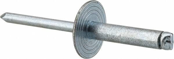 RivetKing - Size 610 Large Flange Dome Head Steel Open End Blind Rivet - Steel Mandrel, 0.501" to 5/8" Grip, 5/8" Head Diam, 0.192" to 0.196" Hole Diam, 0.825" Length Under Head, 3/16" Body Diam - Caliber Tooling