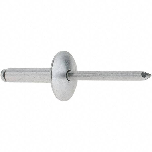 RivetKing - Size 610 Large Flange Dome Head Aluminum Open End Blind Rivet - Aluminum Mandrel, 0.501" to 5/8" Grip, 5/8" Head Diam, 0.192" to 0.196" Hole Diam, 0.825" Length Under Head, 3/16" Body Diam - Caliber Tooling