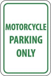 NMC - "Motorcycle Parking Only", 12" Wide x 18" High, Aluminum Reserved Parking Signs - 0.063" Thick, Green on White, Rectangle, Post Mount - Caliber Tooling