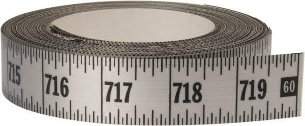 Made in USA - 60 Ft. Long x 1 Inch Wide, 1/16 Inch Graduation, Silver, Mylar Adhesive Tape Measure - Reads Left to Right, Horizontal Scale - Caliber Tooling