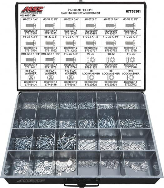 Value Collection - 1,200 Piece, #6-32 to #10-32, Steel Machine Screw Assortment - Pan Head, Phillips Drive, 1/4 to 2" Long, Grade 2 - Caliber Tooling