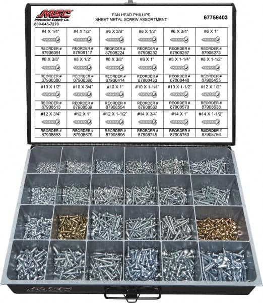 Value Collection - 2,000 Piece, #4x1/4 to #10 x 1-1/4, Steel Sheet Metal Screw Assortment - Pan Head, Phillips Drive, 1/4 to 1-1/2" Long, Grade 2 - Caliber Tooling