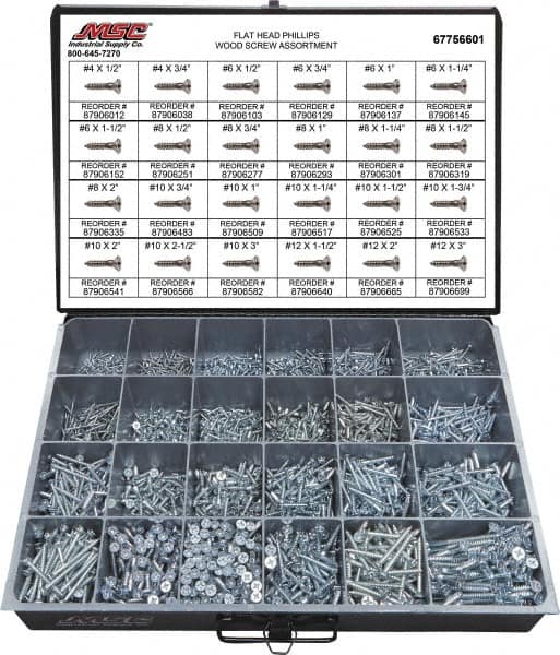 Value Collection - 2,400 Piece, #4x1/2 to #10 x 1-1/4, Steel Wood Screw Assortment - Flat Head, Phillips Drive, 1/2 to 3" Long, Grade 2 - Caliber Tooling