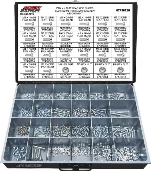 Value Collection - 590 Piece, M4x10.00 to M8x50.00, Steel Machine Screw Assortment - Flat & Pan Head, Slotted Drive, 10 to 50mm Long, Grade 2 - Caliber Tooling