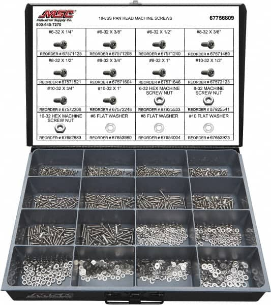 Value Collection - 1,400 Piece, #6-32 to #10-32, Stainless Steel Machine Screw Assortment - Pan Head, Phillips Drive, 1/4 to 1" Long, Grade 18-8 - Caliber Tooling