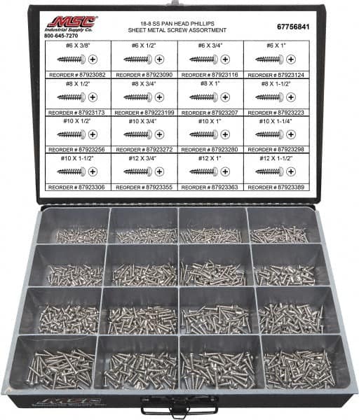 Value Collection - 1,300 Piece, #6x3/8 to #12 x 1-1/2, Stainless Steel Sheet Metal Screw Assortment - Pan Head, Phillips Drive, 3/8 to 1-1/2" Long, Grade 18-8 - Caliber Tooling